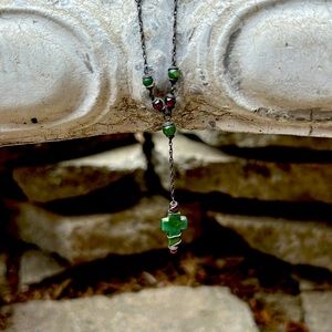 Gorgeous artisian unique jade cross with green & red beads